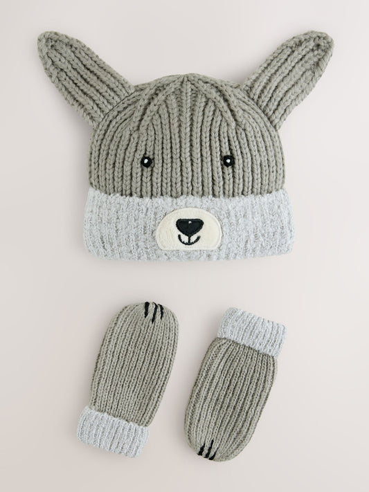 Grey Dog Hat & Mittens 2 Piece Set (3mths-6yrs) image 1