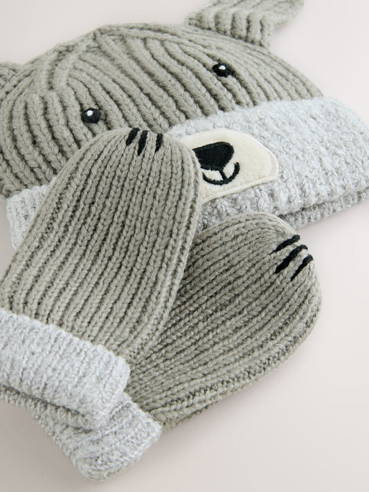 Grey Dog Hat & Mittens 2 Piece Set (3mths-6yrs) image 3
