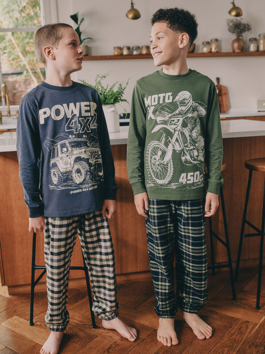 Blue/Green Vehicle Long Sleeve Woven Check Pyjamas 2 Pack (3-16yrs) image 1