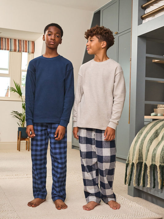 Blue/Grey Long Sleeve Woven Check Pyjamas 2 Pack (3-16yrs) image 1