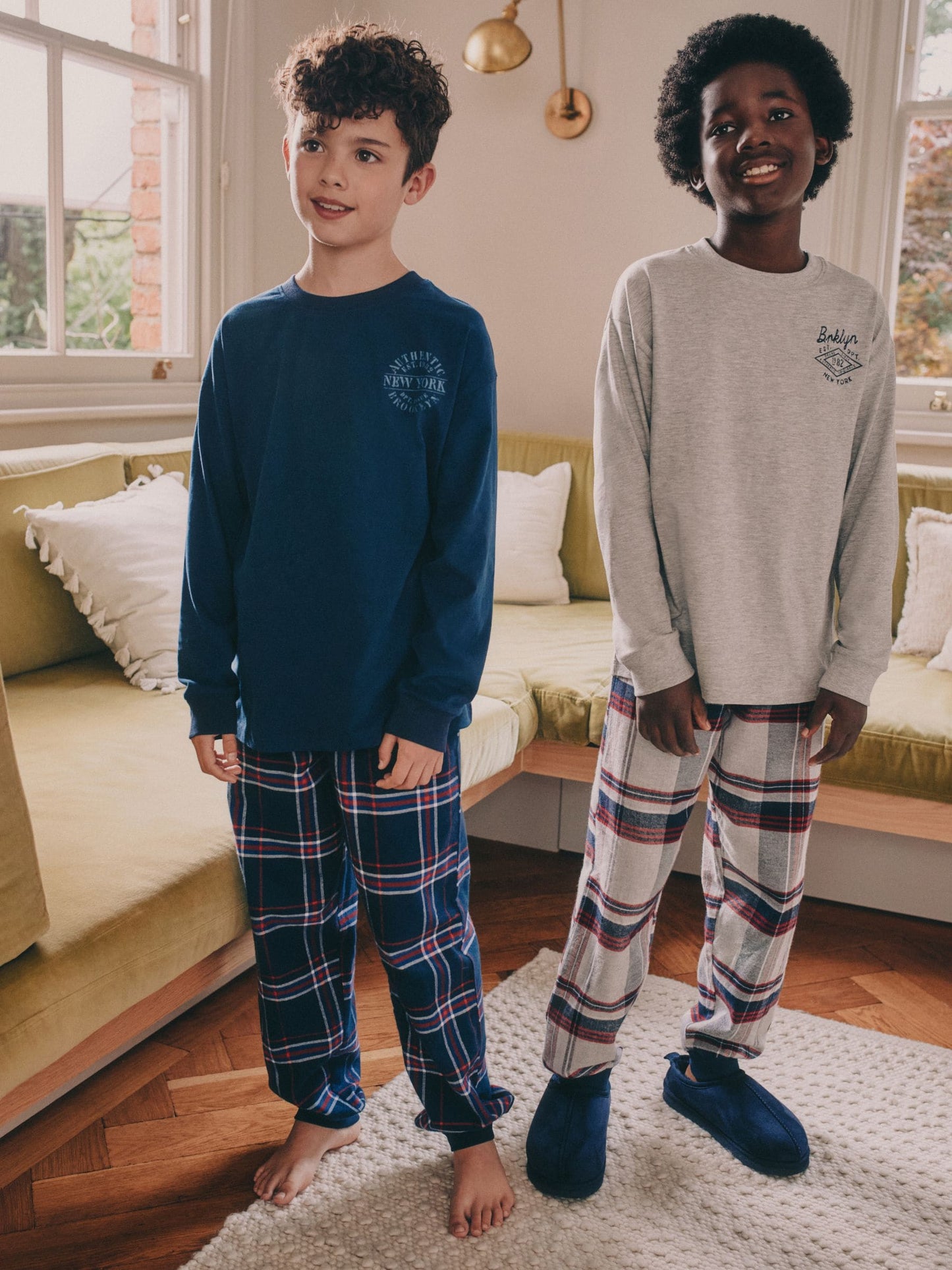 Grey/Blue Long Sleeve Woven Check Pyjamas 2 Pack (3-16yrs) image 1