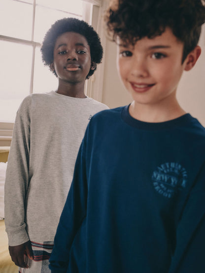 Grey/Blue Long Sleeve Woven Check Pyjamas 2 Pack (3-16yrs) image 5