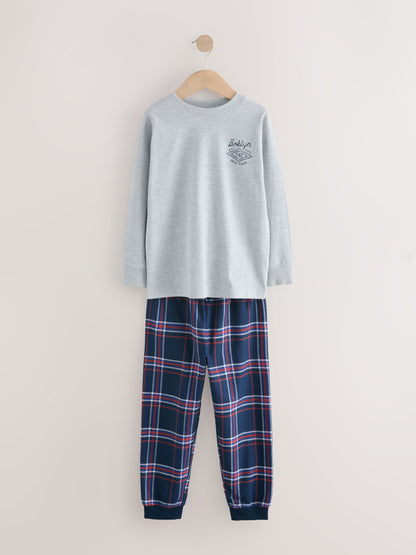 Grey/Blue Long Sleeve Woven Check Pyjamas 2 Pack (3-16yrs) image 9