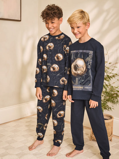 Black/Gold Football Long Sleeve Pyjamas 2 Pack (3-16yrs)