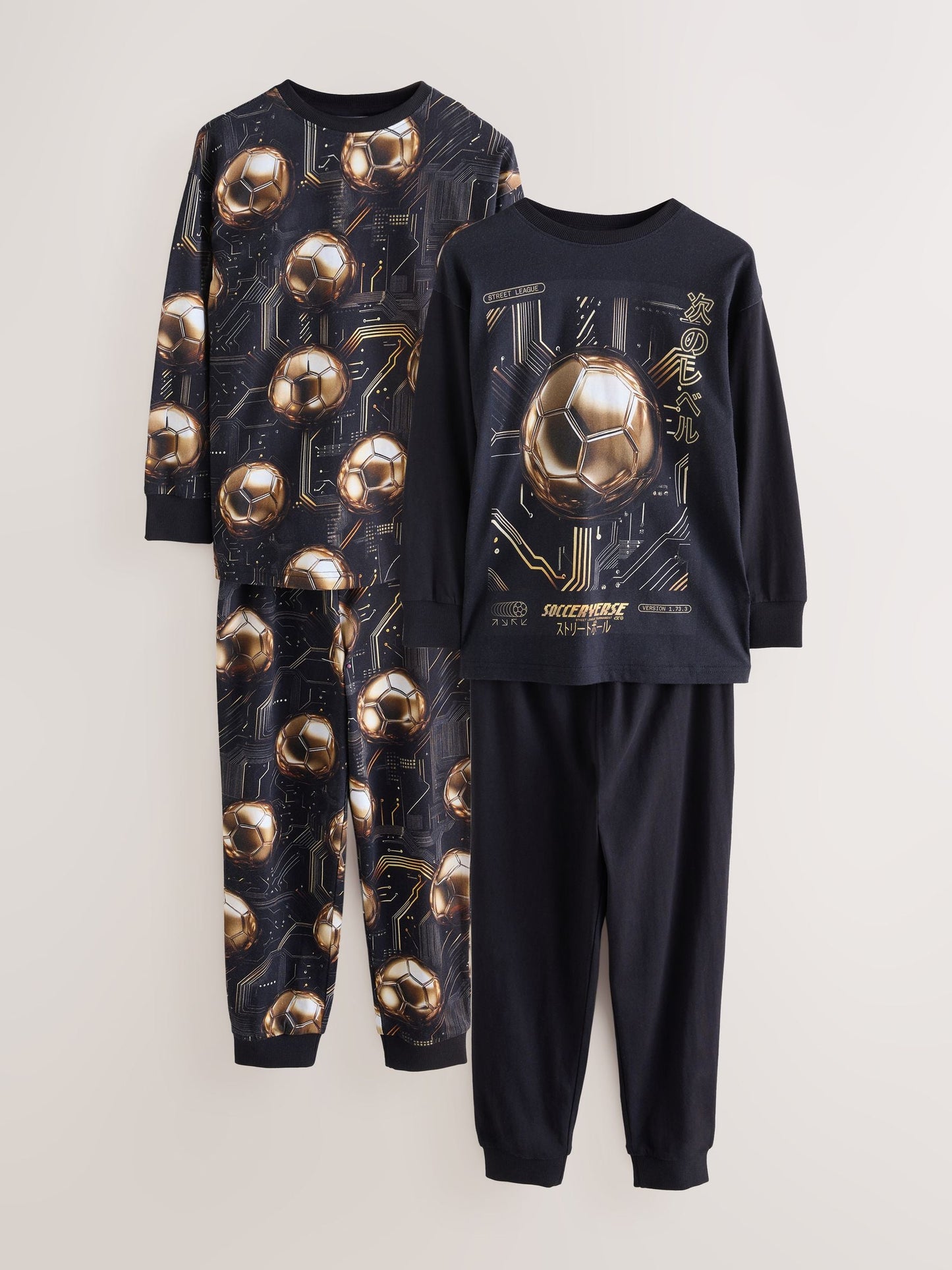 Black/Gold Football Long Sleeve Pyjamas 2 Pack (3-16yrs)