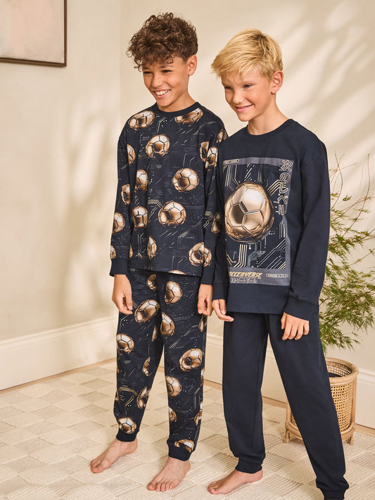 Black/Gold Football Long Sleeve Pyjamas 2 Pack (3-16yrs) image 1