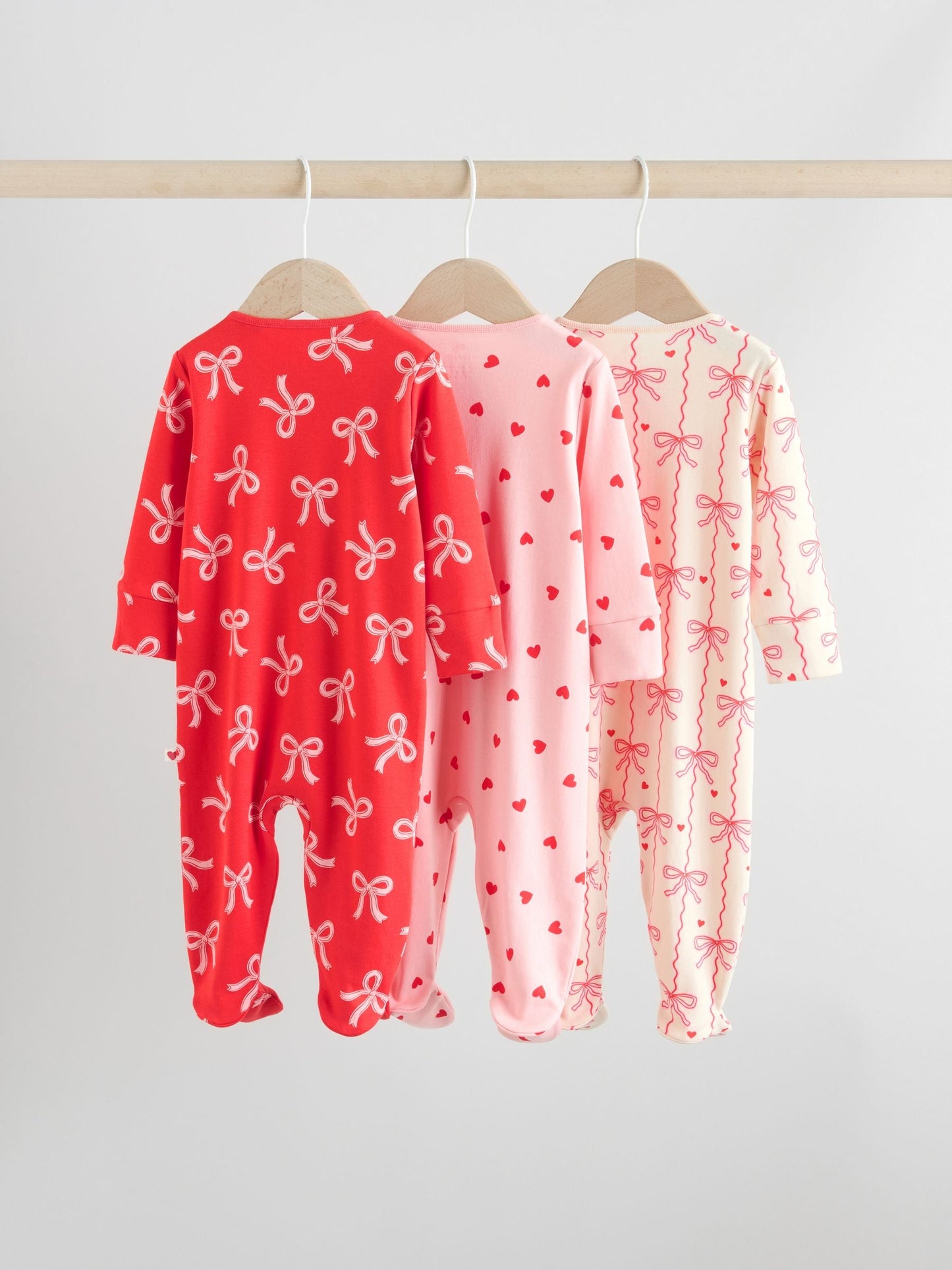 Red Bow Two Way Zip Baby Sleepsuits 3 Pack (0-2yrs)