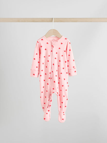 Red Bow Two Way Zip Baby Sleepsuits 3 Pack (0-2yrs)