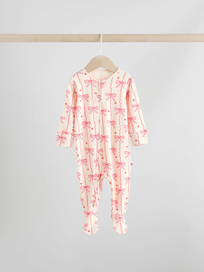 Red Bow Two Way Zip Baby Sleepsuits 3 Pack (0-2yrs)