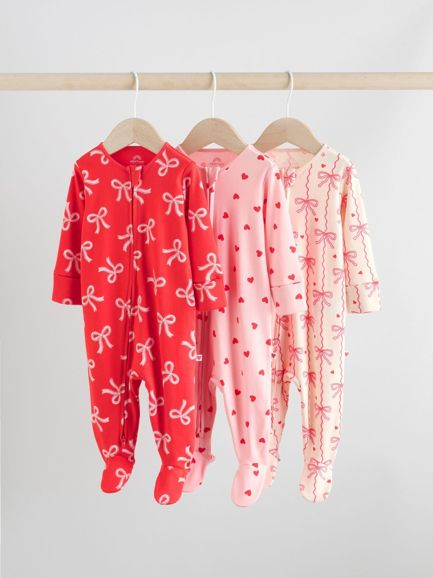 Red Bow Two Way Zip Baby Sleepsuits 3 Pack (0-2yrs)
