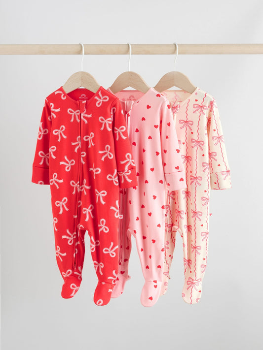 Red Bow Two Way Zip Baby Sleepsuits 3 Pack (0-2yrs)