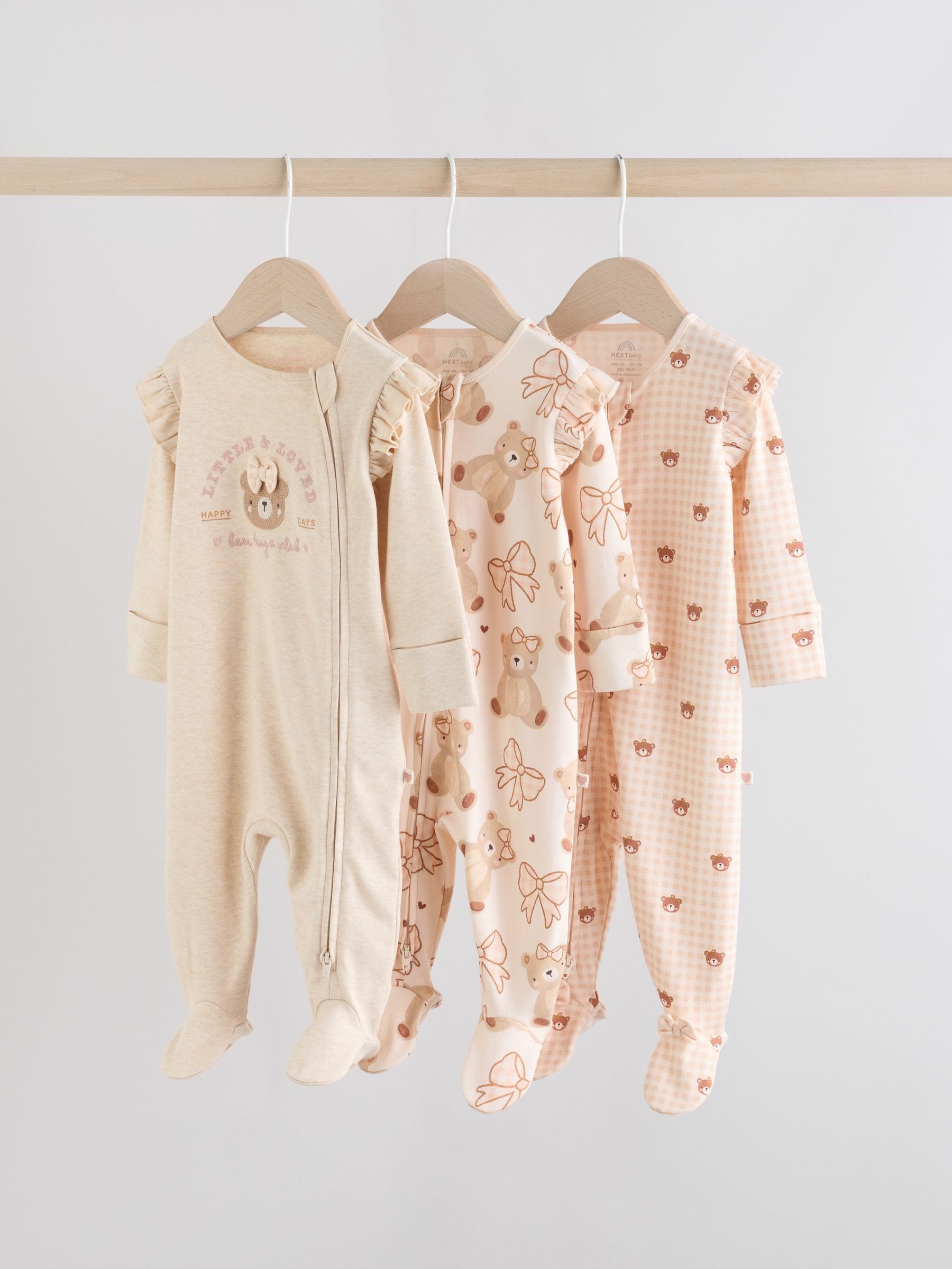 Neutral Bear Two Way Zip Baby Sleepsuits 3 Pack (0-2yrs) image 1