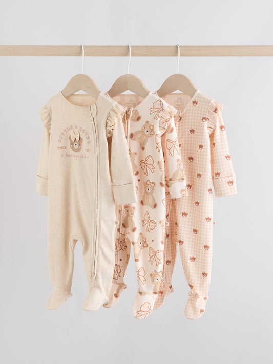 Neutral Bear Two Way Zip Baby Sleepsuits 3 Pack (0-2yrs) image 1