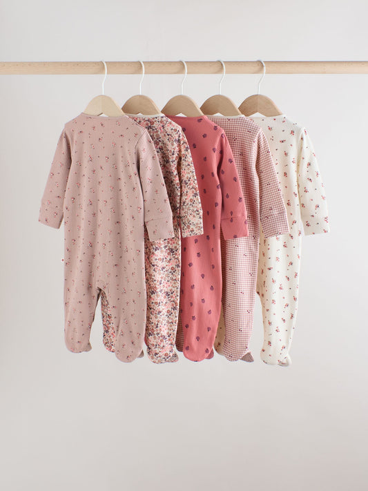 Pink/Rust Ditsy Floral 5 Pack Baby Sleepsuits (0-2yrs) image 2