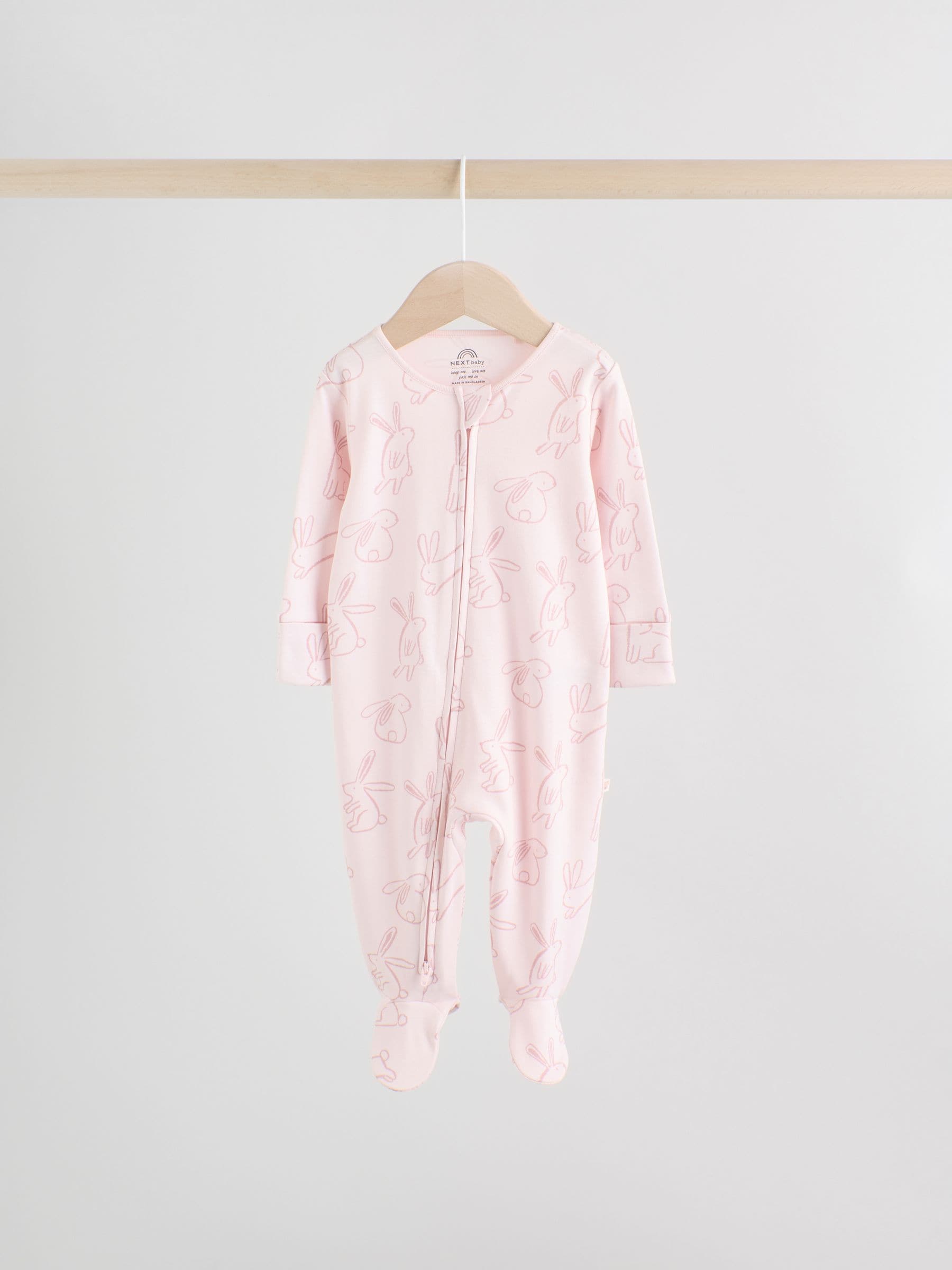Pink Bunny Two Way Zip Baby Sleepsuits 3 Pack (0mths-2yrs) image 6