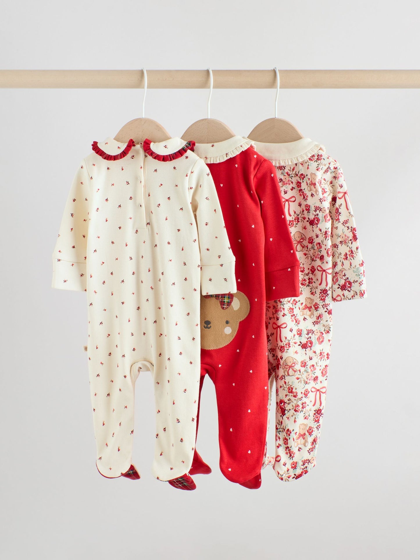 Red Bow Bear Baby Sleepsuits 3 Pack (0mths-2yrs)