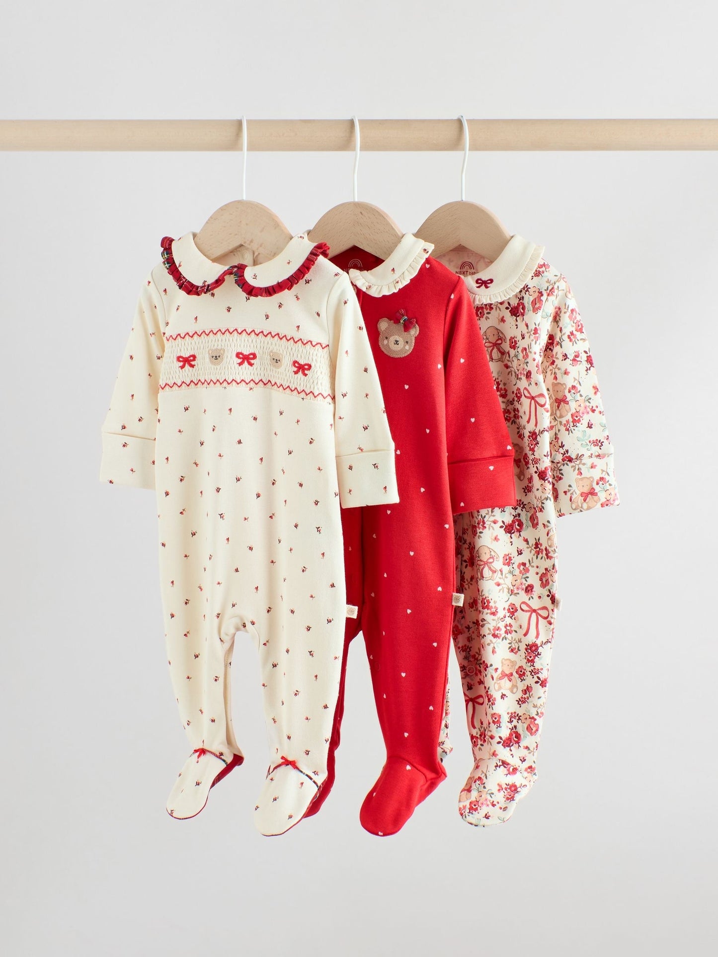 Red Bow Bear Baby Sleepsuits 3 Pack (0mths-2yrs)