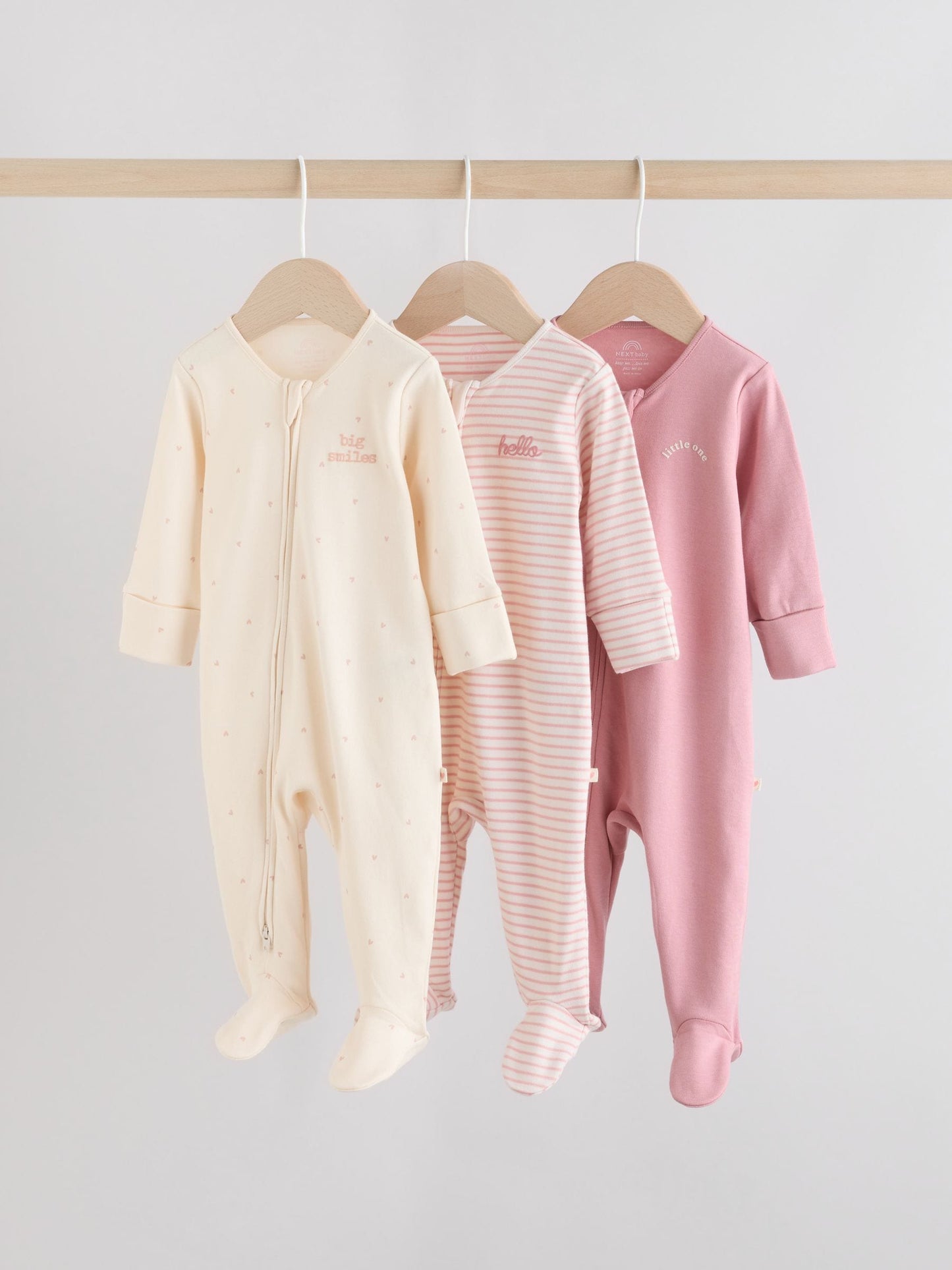 Pink Heart Two Way Zip Baby Sleepsuits 3 Pack (0-2yrs) image 1