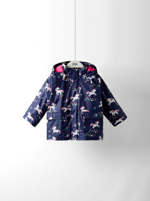 Dsiney Kidz - JoJo Maman Bébé Navy Unicorn Waterproof Cosy Lined Jacket image 1