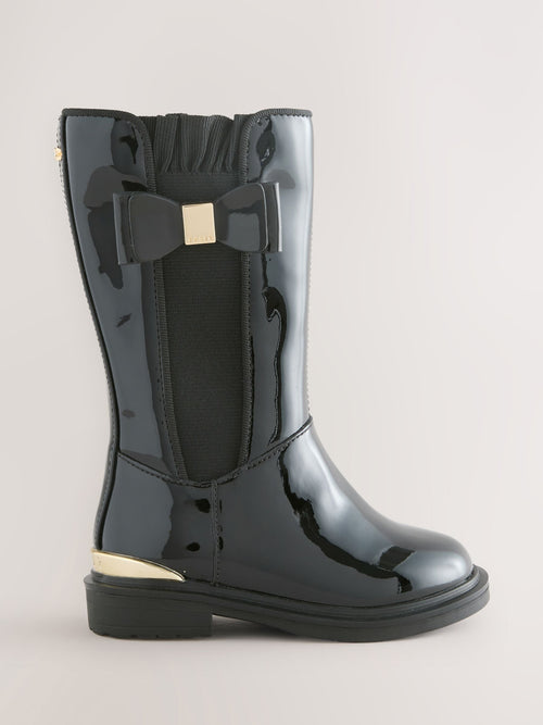 Baker by Ted Baker Girls Patent Tall Knee High Black Boots With Bow image 1