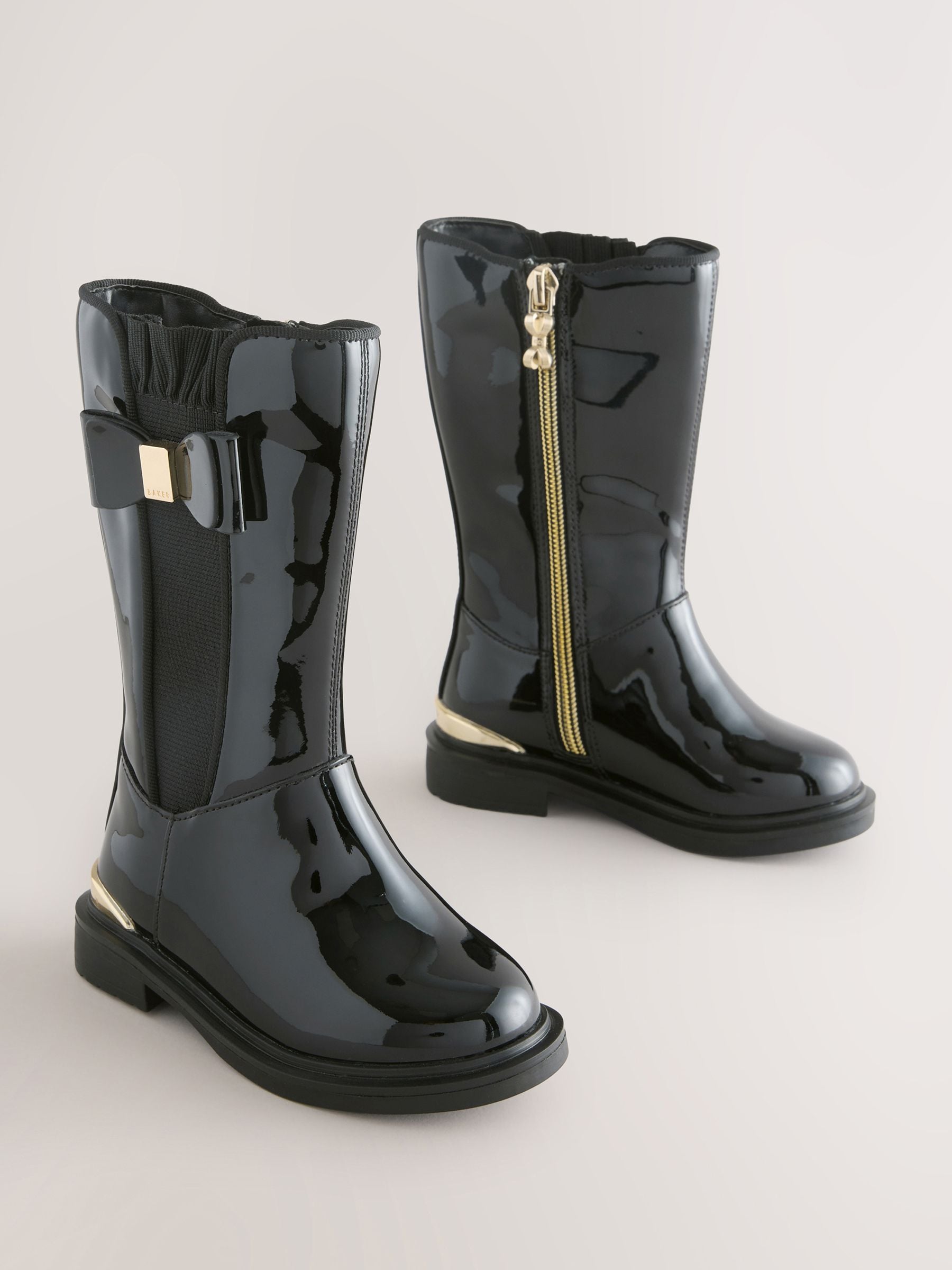 Baker by Ted Baker Girls Patent Tall Knee High Black Boots With Bow image 2