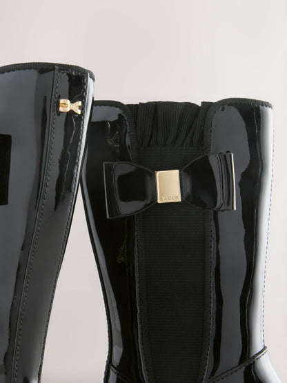 Baker by Ted Baker Girls Patent Tall Knee High Black Boots With Bow image 3