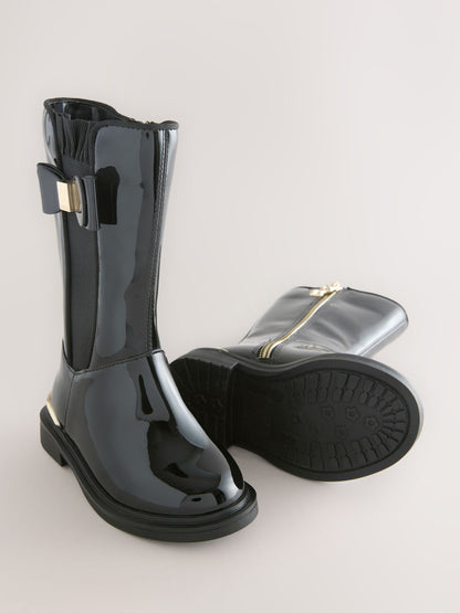 Baker by Ted Baker Girls Patent Tall Knee High Black Boots With Bow image 6