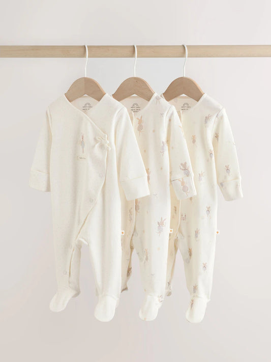 Ecru Fairy Mouse 3 Pack Baby Sleepsuits (0-2yrs)
