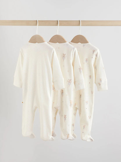 Ecru Fairy Mouse 3 Pack Baby Sleepsuits (0-2yrs)