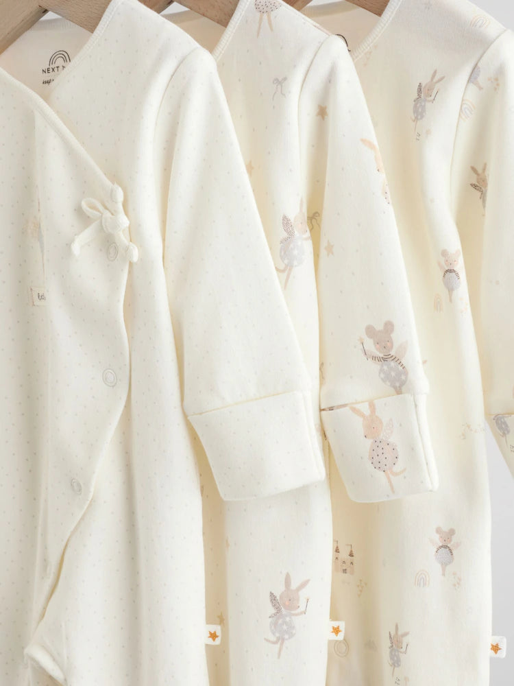 Ecru Fairy Mouse 3 Pack Baby Sleepsuits (0-2yrs)