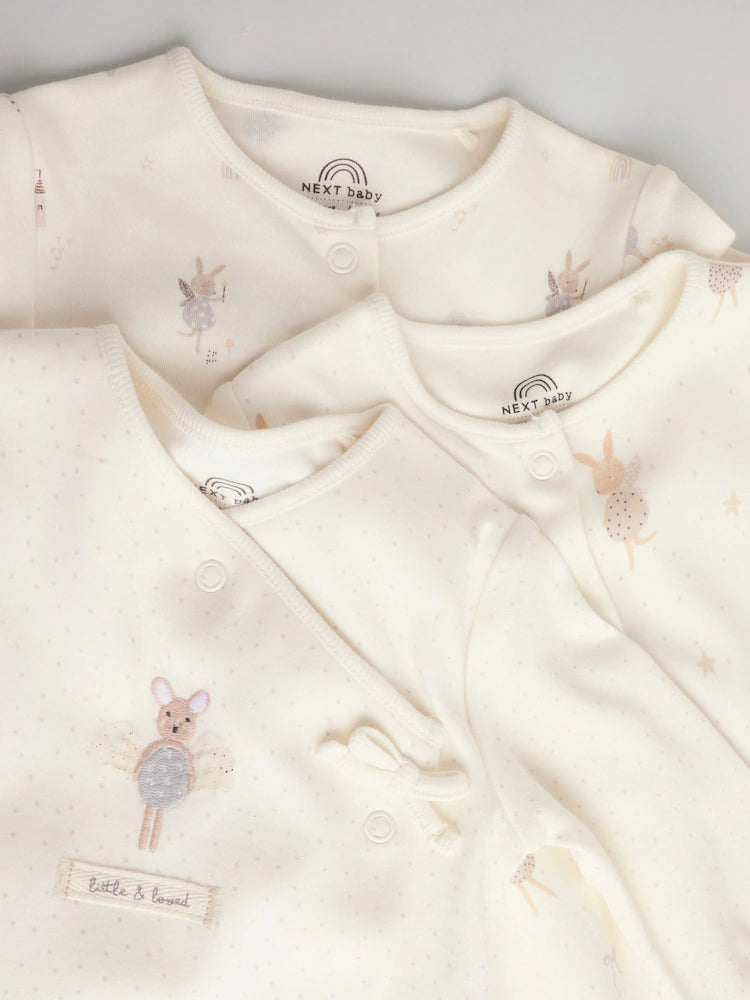 Ecru Fairy Mouse 3 Pack Baby Sleepsuits (0-2yrs)