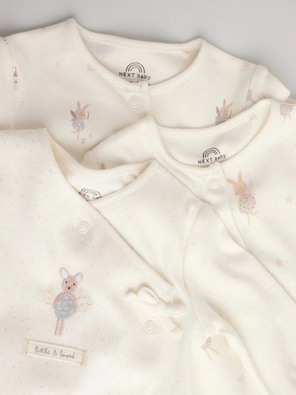 Ecru Fairy Mouse 3 Pack Baby Sleepsuits (0-2yrs)