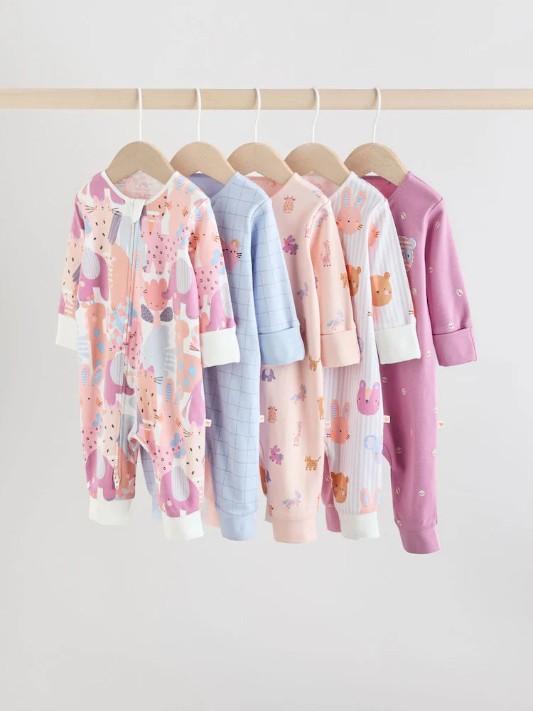 Pink Animal Character Two Way Zip Baby Sleepsuits 5 Pack
