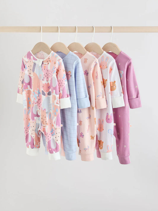 Pink Animal Character Two Way Zip Baby Sleepsuits 5 Pack