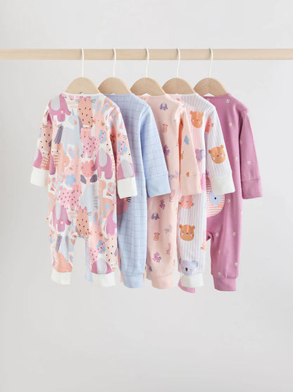 Pink Animal Character Two Way Zip Baby Sleepsuits 5 Pack