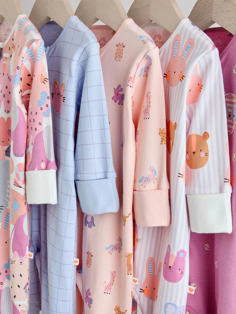 Pink Animal Character Two Way Zip Baby Sleepsuits 5 Pack