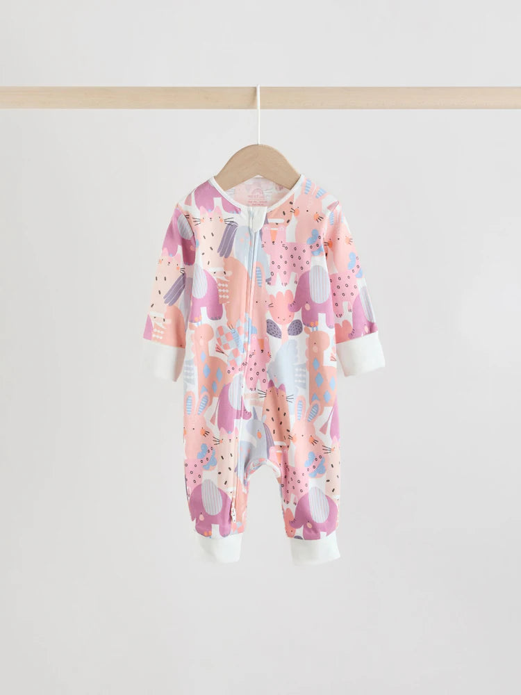 Pink Animal Character Two Way Zip Baby Sleepsuits 5 Pack