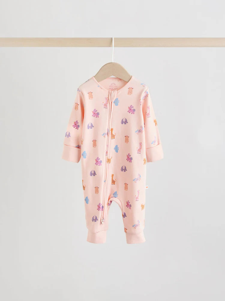 Pink Animal Character Two Way Zip Baby Sleepsuits 5 Pack