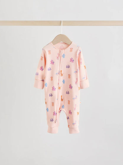 Pink Animal Character Two Way Zip Baby Sleepsuits 5 Pack