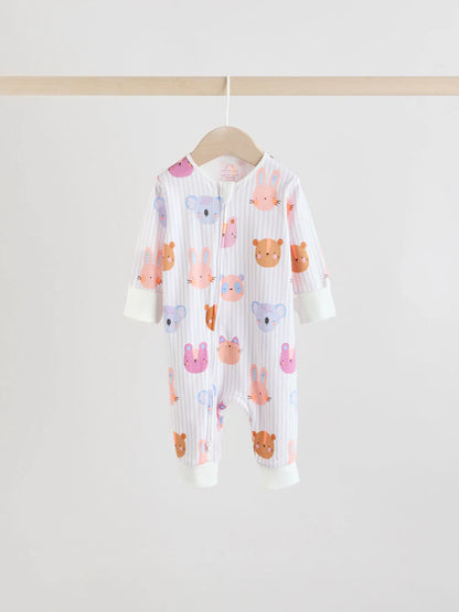 Pink Animal Character Two Way Zip Baby Sleepsuits 5 Pack