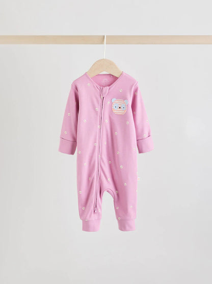 Pink Animal Character Two Way Zip Baby Sleepsuits 5 Pack