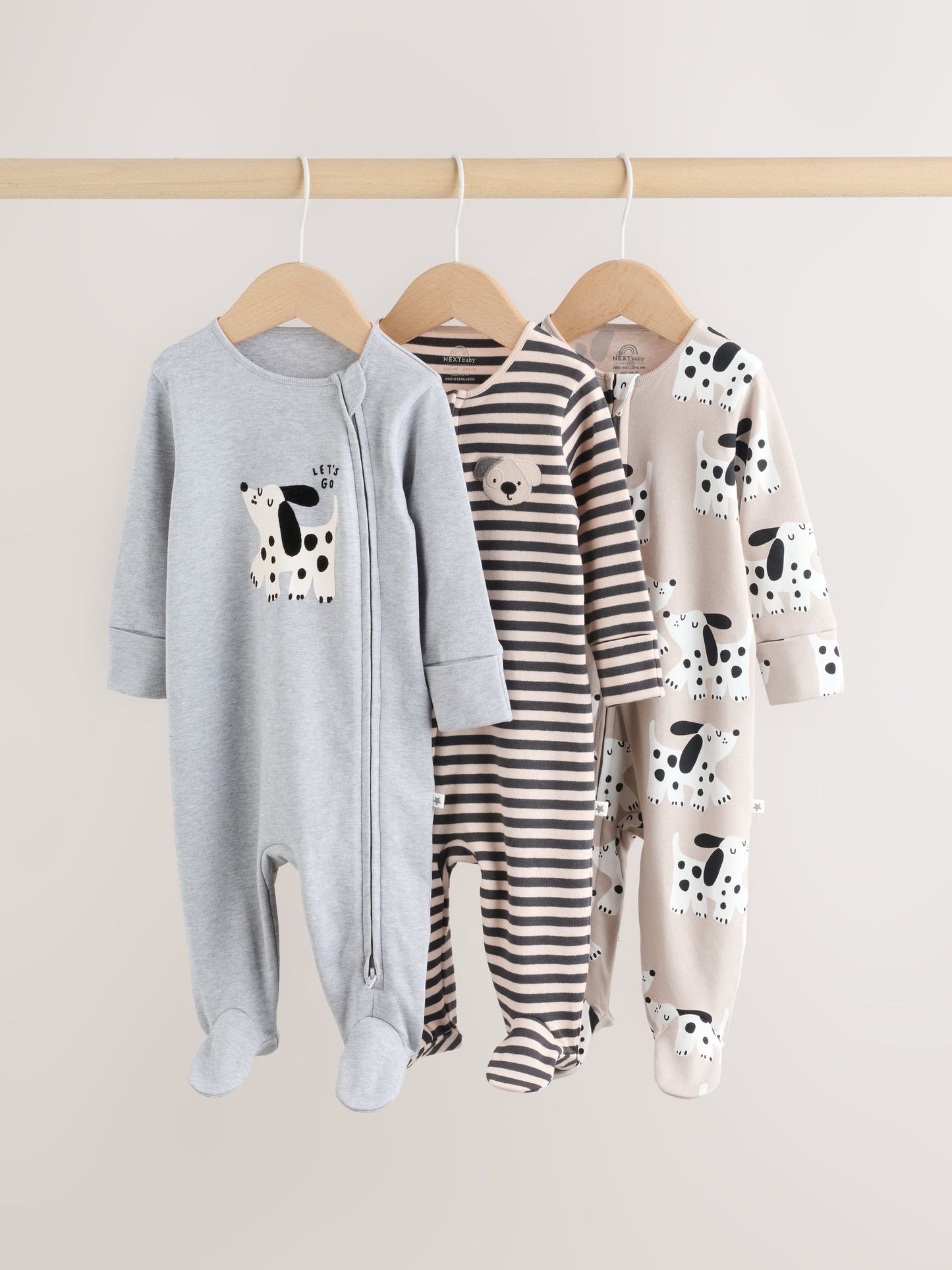 Monochrome Dog Baby Two Way Zip Sleepsuits 3 Pack (0-2yrs)