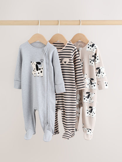 Monochrome Dog Baby Two Way Zip Sleepsuits 3 Pack (0-2yrs)