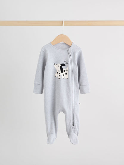 Monochrome Dog Baby Two Way Zip Sleepsuits 3 Pack (0-2yrs)