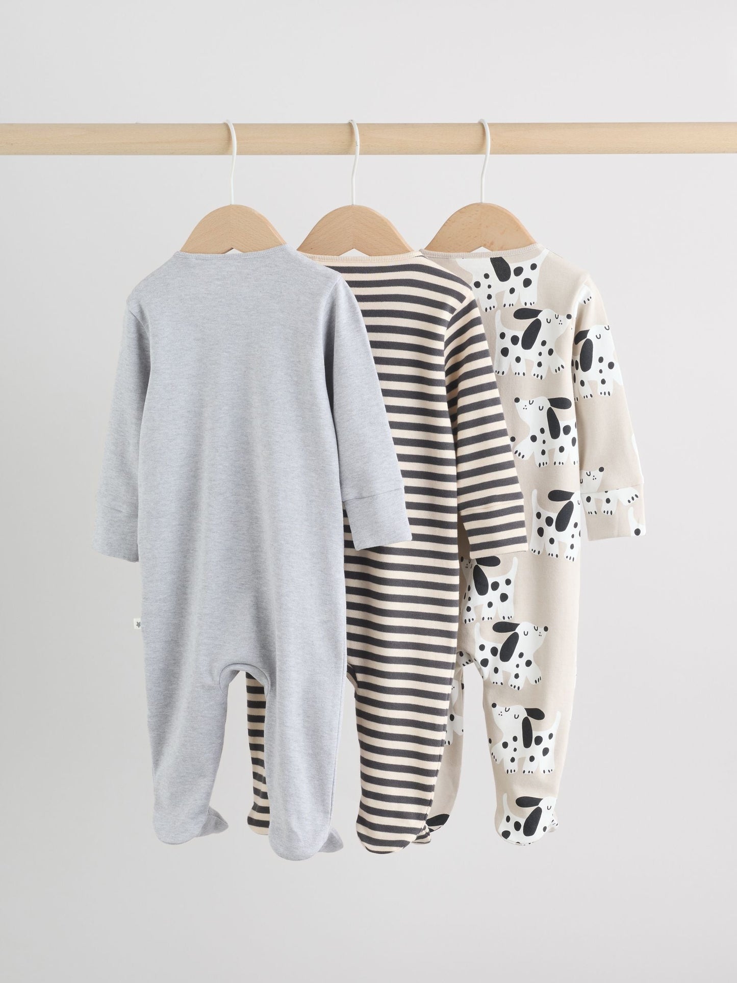 Monochrome Dog Baby Two Way Zip Sleepsuits 3 Pack (0-2yrs)
