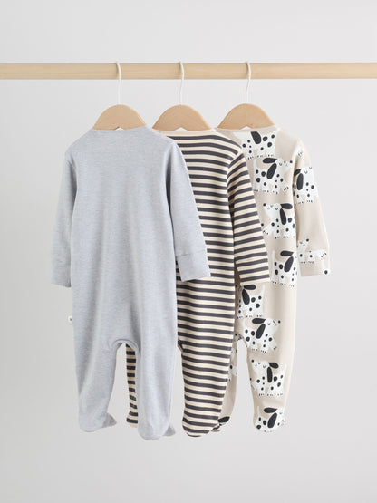 Monochrome Dog Baby Two Way Zip Sleepsuits 3 Pack (0-2yrs)