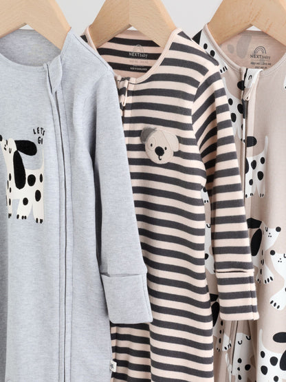 Monochrome Dog Baby Two Way Zip Sleepsuits 3 Pack (0-2yrs)