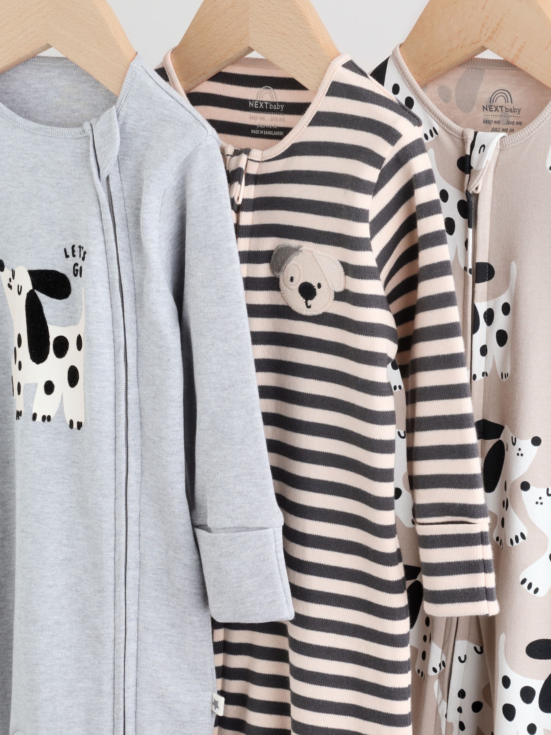 Monochrome Dog Baby Two Way Zip Sleepsuits 3 Pack (0-2yrs) image 7