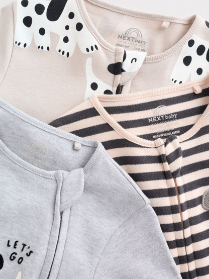 Monochrome Dog Baby Two Way Zip Sleepsuits 3 Pack (0-2yrs)