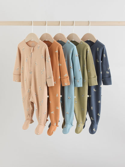 Mineral Blue 100% Cotton Two Way Zip Baby Sleepsuits 5 Pack (0mths-2yrs)